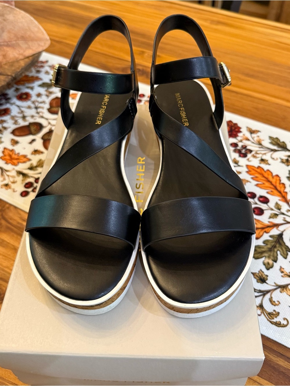 Marc Fisher Grandie Black Faux Leather Platform Wedge Sandals